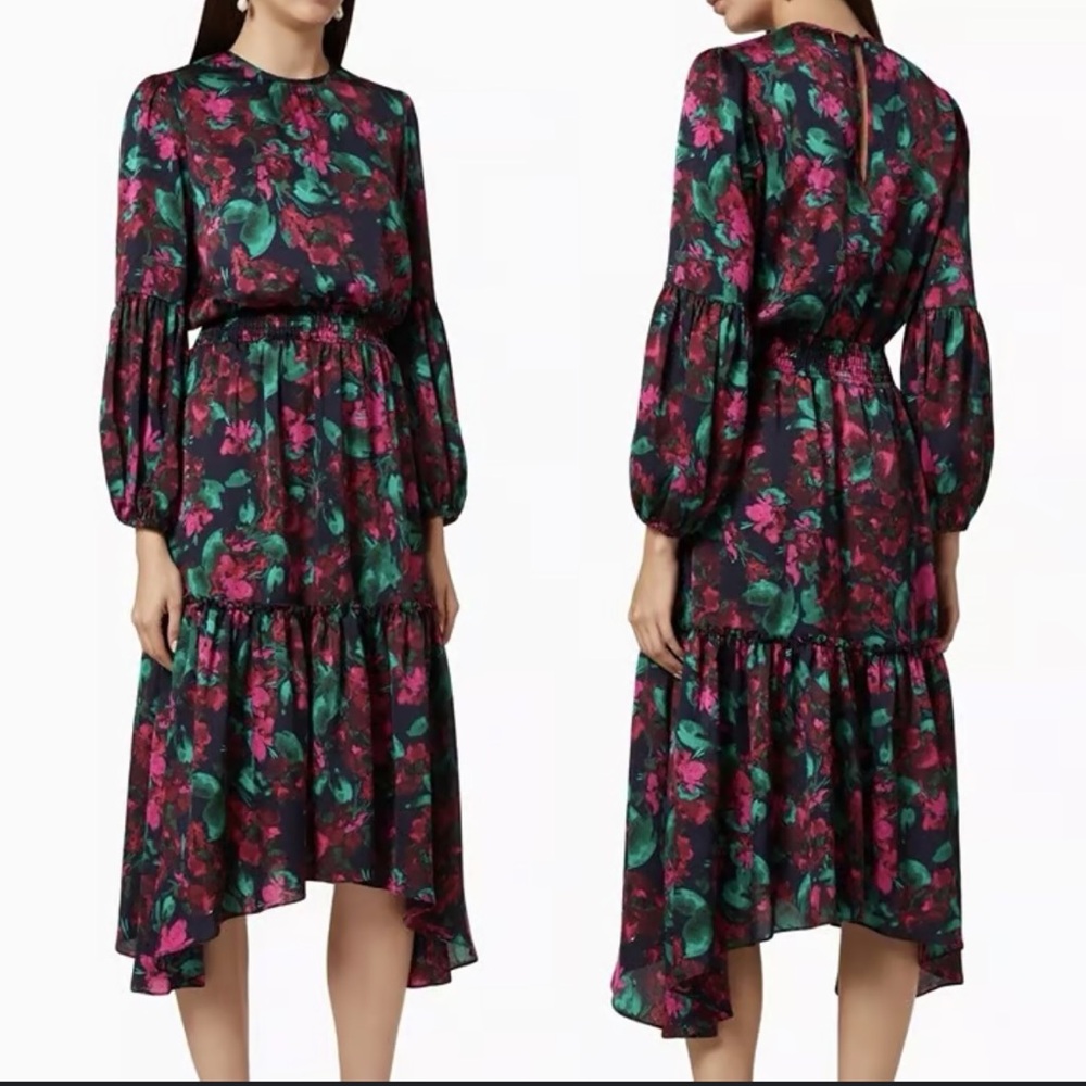 MISA SIMONE DRESS ENCHANTED FLORL Midi Dress with Pink and Green Accents SIZE M